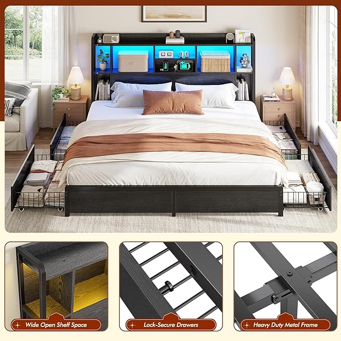 King Size Bed Frame with Storage Headboard & 4 Large Drawers King Bed Frame with 51" Tall Headboard 9 Compartments Led Lights & Charging Station,No Box Spring Needed, No Noise,Black