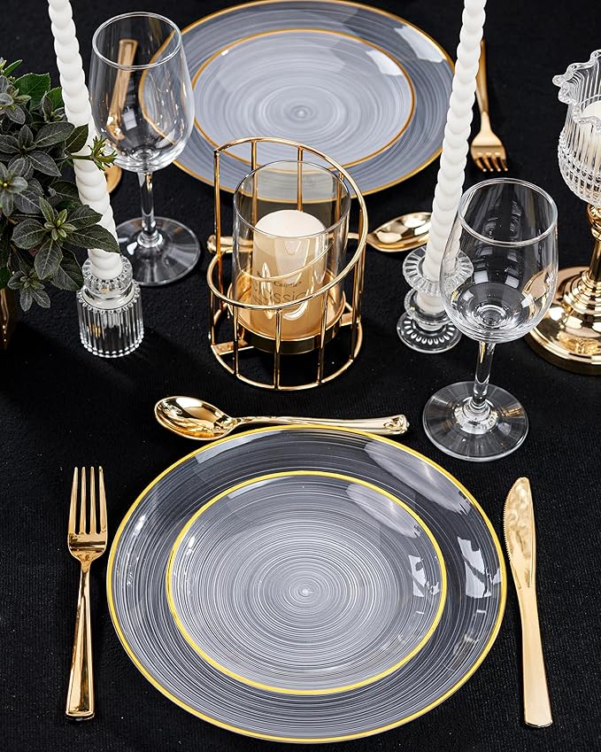 Morejoy 60Pcs Clear Plastic Plates,Clear Disposable Plates With Gold Rim,Heavy-duty Gold Plate, Modern swirl design Plate Include 30Clear Dessert-Platos,30Dinner-Platos for Party&Christmas