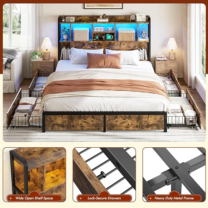 Full Size Bed Frame with Storage Headboard & 4 Large Drawers Bed Frame Full Size with 51" Tall Headboard 9 Compartments Led Lights & Charging Station,No Box Spring Needed, No Noise,Vintage Brown