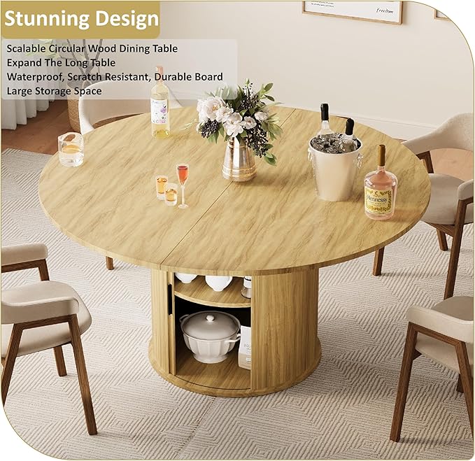 Extendable Round/Oval Dining Table Seats 2-4-6, 59" Modern Farmhouse Design with 2-Tier Storage & Fluted Slide Door, Dining Room Kitchen Furniture (Oak, 59 inches)