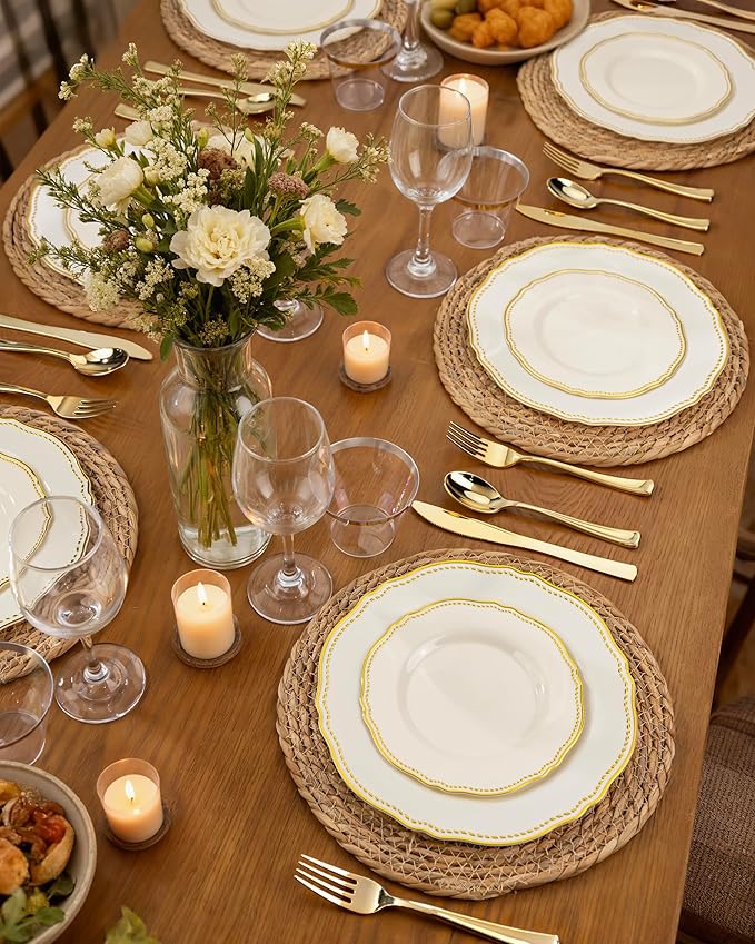 Hioasis 60PCS Ivory Plastic Plates - Ivory and Gold Disposable Dinnerware with Gold Rim, Heavy-duty, 7 inch, Dessert Plates for Party & Wedding