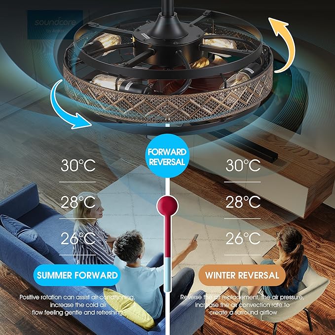 18" Black Caged Ceiling Fan with Lights, Bladeless Industrial Ceiling Fan with Remote, 6 Speeds, Farmhouse Ceiling Fan Light Fixture for Kitchen, Bedroom(Bulbs Not Included)