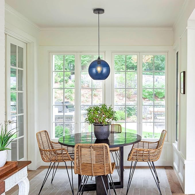 Blue Glass Pendant Lights Kitchen Island Lighting Modern Globe Pendant Light Fixtures Modern Pendant Lights for Kitchen Island Bedroom Living Dining Room Light Fixture-7.8inch