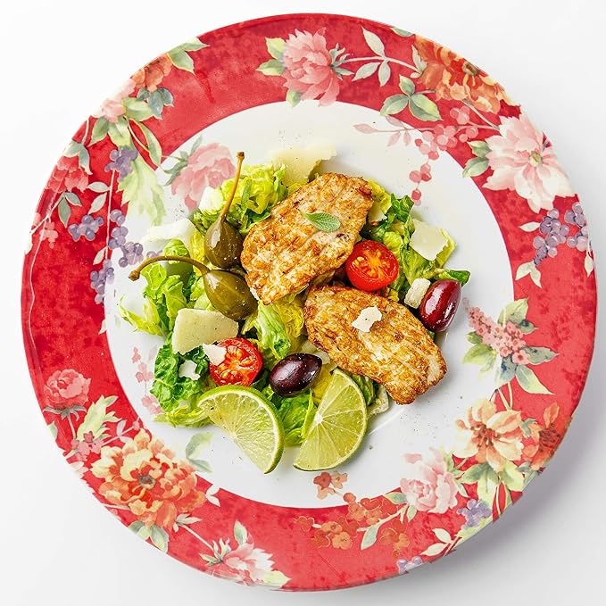 Tudor Royal 16-Piece Porcelain Round Dinnerware Set, Service for 4, Crimson Design, Summer Floral, Plates Bowls Mugs Dishes, Glossy, Premium Quality Tableware, Unique Pattern