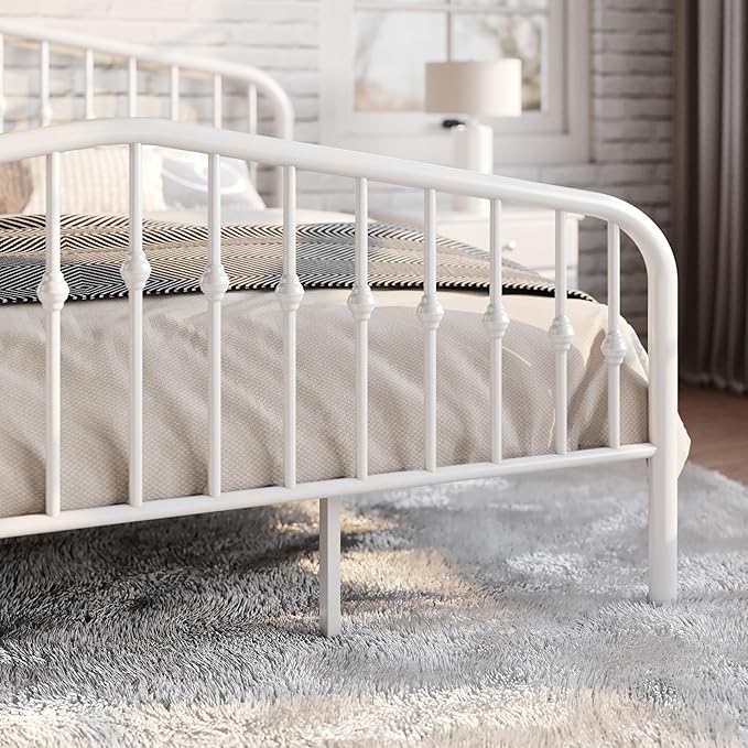 SHA CERLIN King Size Metal Platform Bed Frame with Victorian Style Wrought Iron-Art Headboard/Footboard, No Box Spring Required, White