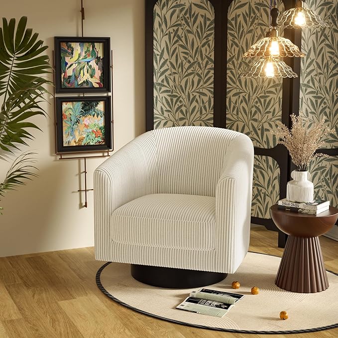 Swivel Accent Chairs, 360 Degree Bucket Chair, Modern Upholstered Barrel Armchair, Comfy Corduroy Single Sofa for Living Room Bedroom, Beige