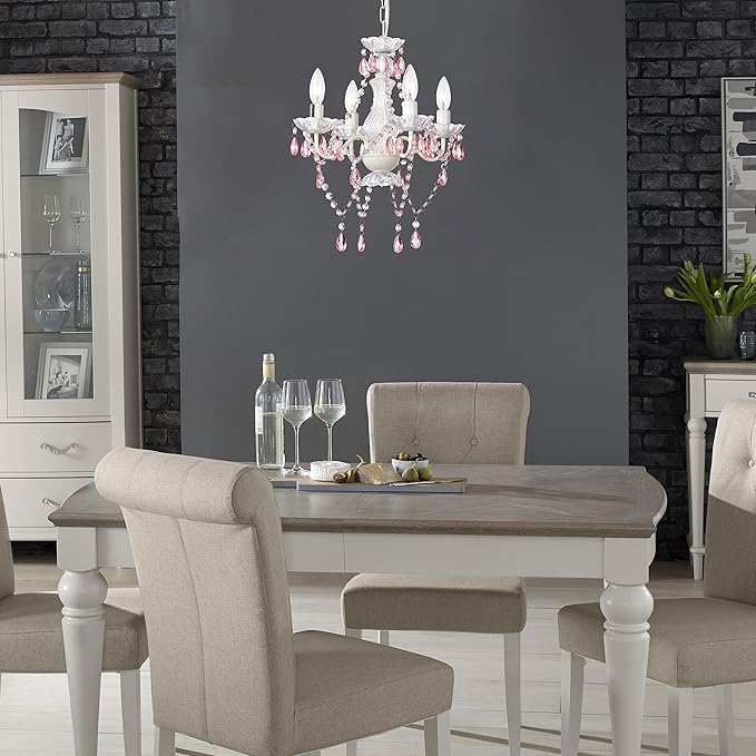 LaLuLa Pink Chandelier White Chandeliers Lighting with Acrylic Crystals Mini 4 Lights Pendant Light for Bedroom and Girls Room
