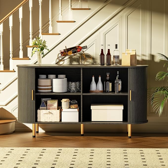 DHH Sideboard Buffet Cabinet with Storage Fluted with Tambour Sliding Doors& Adjustable Shelf, Accent Coffee Bar Console Table for Kitchen, Living Room, Entryway (Black, 55 inch)