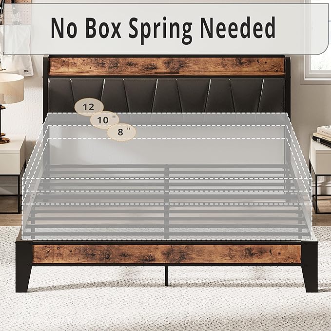 LIKIMIO Queen Bed Frame, Storage Headboard with Charging Station, Solid and Stable, Noise Free, No Box Spring Needed, Easy Assembly (Vintage and Black)