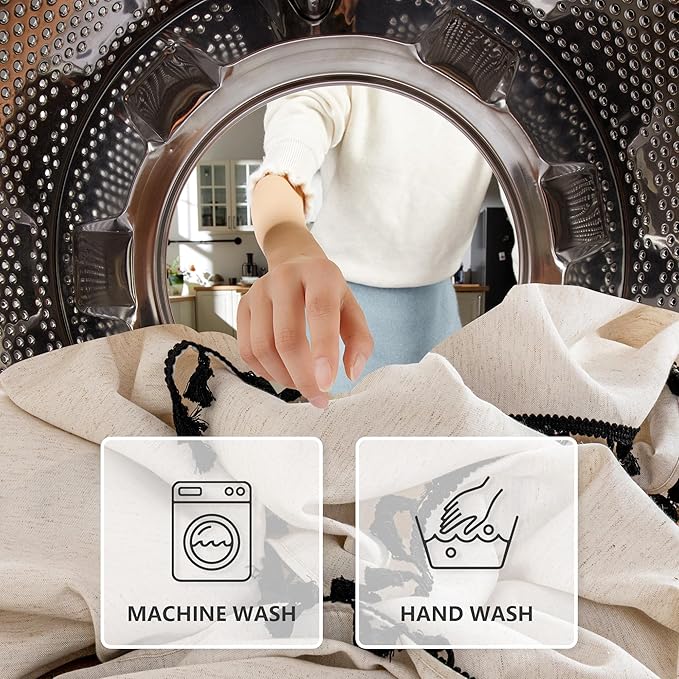 MYSKY HOME Table Cloth 60x84 in Rectangle Table, Cotton Tassel Linen Look Waterproof Tablecloths Farmhouse Tablecloth, Wrinkle Free Table Cover with Black Tassels for Kitchen Dining, Party