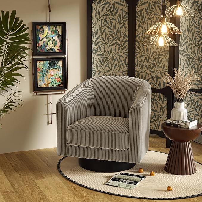 Swivel Accent Chairs Set of 2, 360° Bucket Chair, Modern Upholstered Barrel Armchair, Comfy Corduroy Single Sofa for Living Room Bedroom, Grey