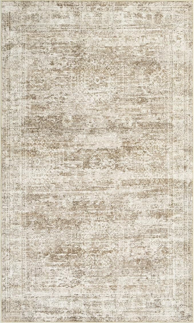 3x5 Rug, Small Area for Kitchen, Entryway, Machine Washable Non-Slip Throw Rug, Vintage Carpet for Nursery Coffee Table Brown