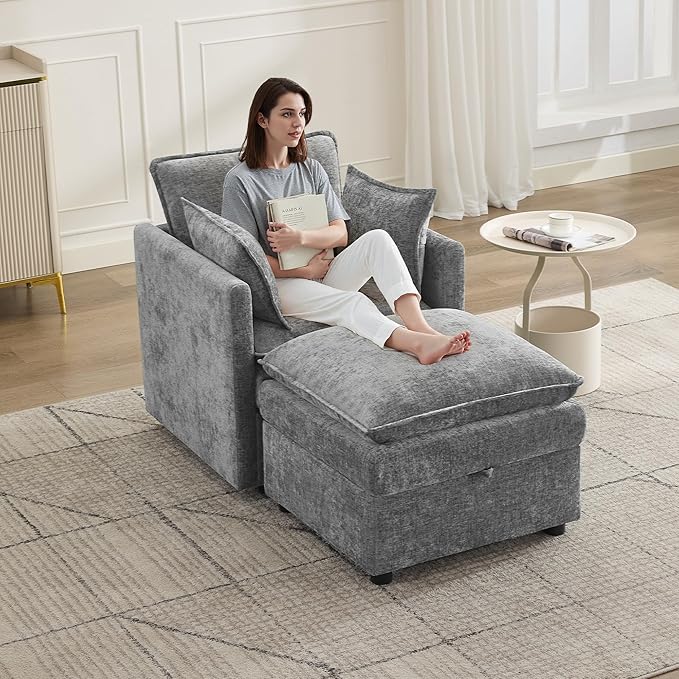 30" Cloud Modular Single Sofa Chair with Storage Ottoman, Modern Upholstered Accent Chair with Storage, Chenille Reading Lounge Armchair for Living Room, Bedroom, Small Space, Light Grey