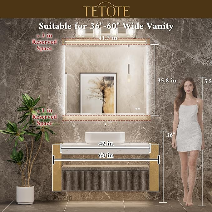 TETOTE 42 x 36 LED Mirror Backlit, Beveled Bathroom Mirror with Backlight, Tempered Glass, 3 Colors Lights, Defogger, Adjustable Brightness, Memory Function, Lighted Mirrors for Bathroom Wall