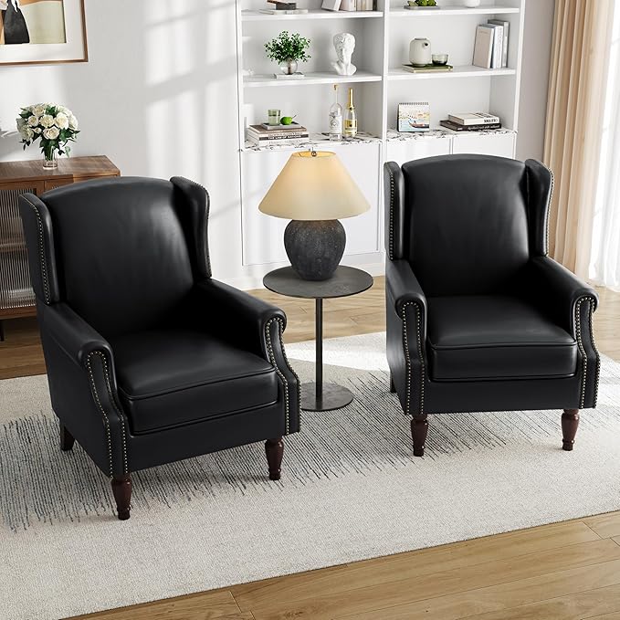 Pia Ricco Set of 2 Faux Leather Accent Chairs, High Back Wingback Armchairs with Retro Floral Design, Nailhead Trim & Solid Wood Legs for Living Room Bedroom (Black)
