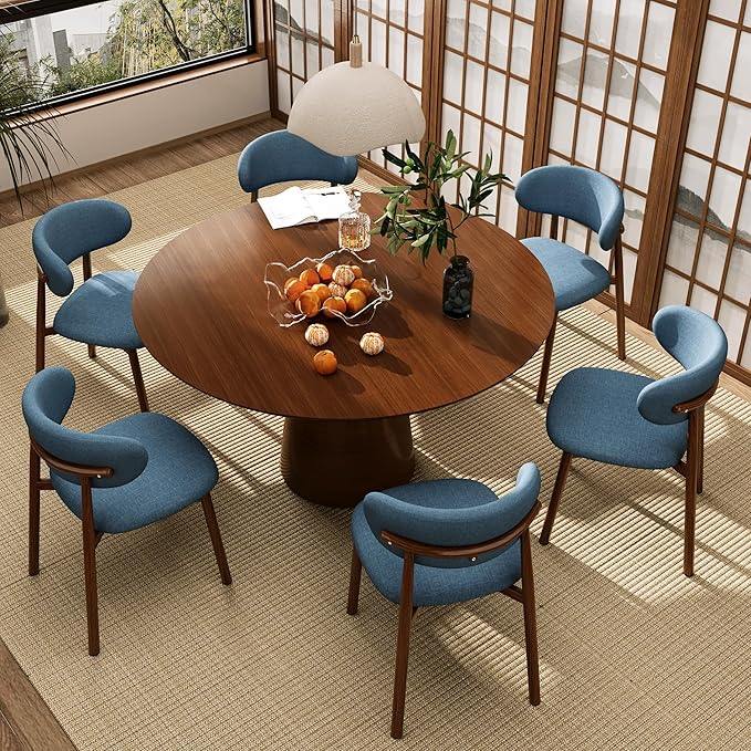 Kitchen Dining Chairs Set of 4 Modern Soft Linen Farmhouse Dining Room Chair with Metal Legs, Blue/Walnut