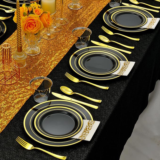 350 PCS Black and Gold Dinnerware Set for 50 Guests, Black Christmas Disposable Plates with Gold Rim for Party -50 Dinner Plates, Dessert Plates, Silverware Set,Napkins and Cups