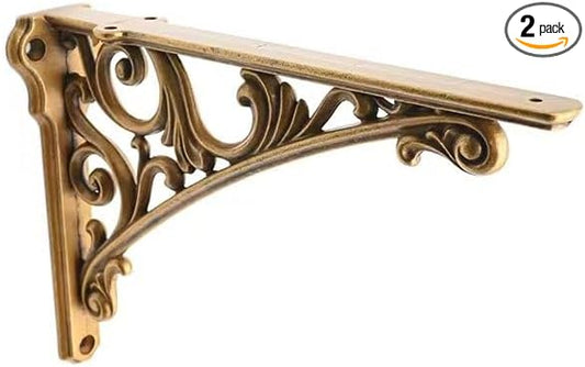 Decorative Shelf Bracket 8 inch, Antique Brass Shelf Brackets for Shelving, Heavy Duty Vintage, DIY Projects, Hardware Included, 2 Pack, 7.87x5.6x1.73 inch,Baroque Style