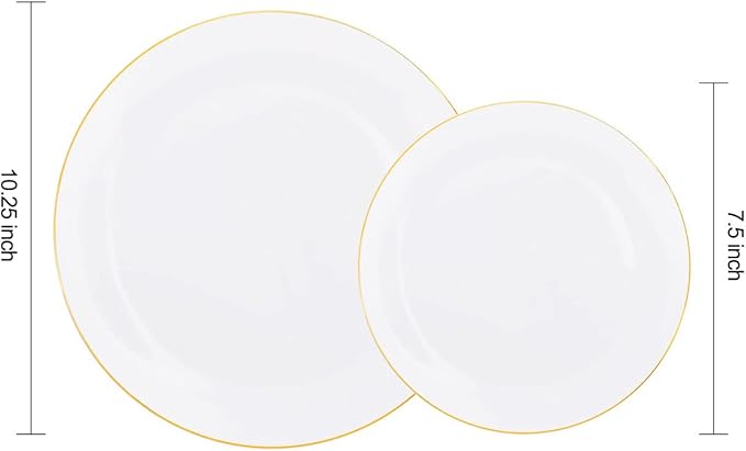 KIRE 60PCS Gold Plastic Plates - Thanksgiving Heavy Duty White Disposable Plates with Gold Rim for Party/Wedding- Include 30Pieces 10.25inch Dinner Plate and 30Pcs 7.5inch Dessert Plate
