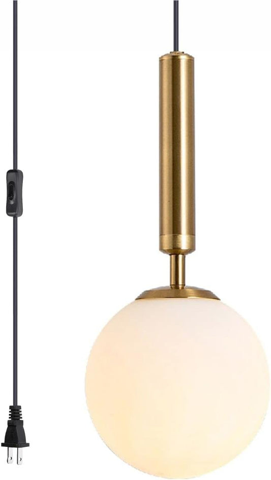 KCO Modern Gold Globe Pendant Lamp Plug in Mid Century White Frosted Glass Adjustable Ceiling Lamp Industrial Brass Gold Round Ball On/Off Chandelier for Farmhouse Kitchen Island Bedroom