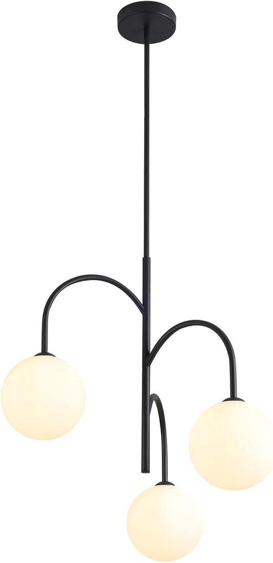 Mid Century Modern 3-Light Milk Glass Chandelier Black Globe Pendant Lights Kitchen Island White Frosted Glass Chandelier Farmhouse Vintage Dining Room Light Fixtures
