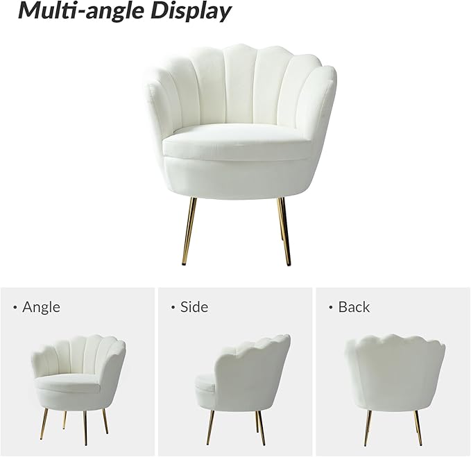 HULALA HOME Modern Velvet Accent Chair with Shell Shaped Back, Cute Living Room Bedroom Armchair with Gold Legs, Comfy Upholstered Vanity Chair for Makeup Room, Ivory