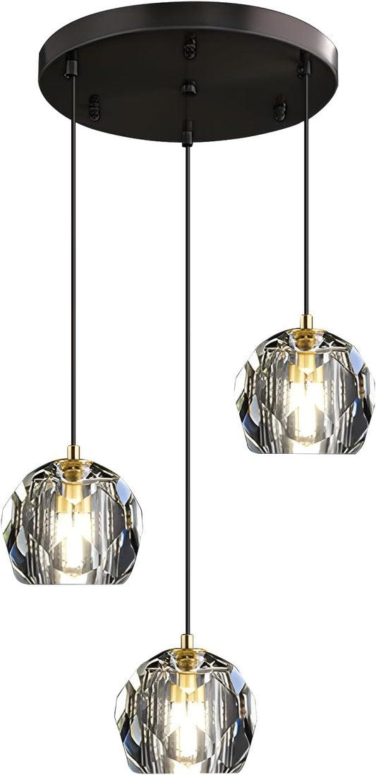 3 Light Cluster Pendant Lighting Black Crystal Chandelier Small Crystal Pendant Lights Kitchen Island Modern Hanging Light Fixture Gold Dining Room Light Fixtures Over Table