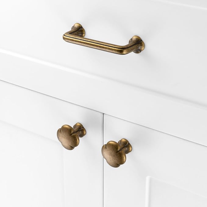 10 Pack 1-1/4 Inch, Antique Brass Cabinet Knobs Vintage Brass Drawer Knobs Brass Cabinet Pulls, 2502 Solid Kitchen Hardware for Cabinets Drawers Bedroom Dresser Bathroom Vanity Cupboard Closet