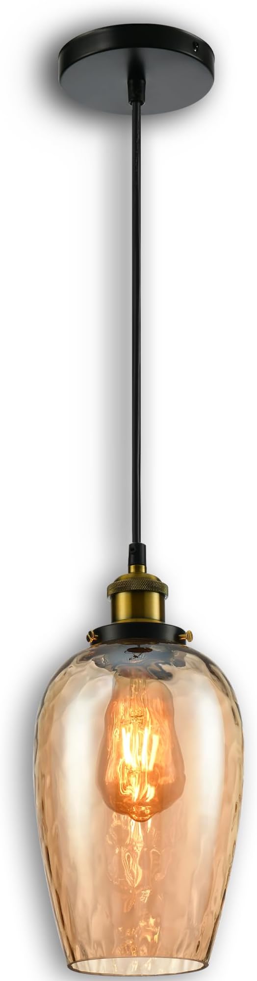 Modern Glass Pendant Light, 6"x9.2" Amber Ribbed Oval Light Fixture with Gold Cap, 15"-72" Adjustable Cord, E26 Socket for Kitchen or Hallway – Sunrise Glow Oval