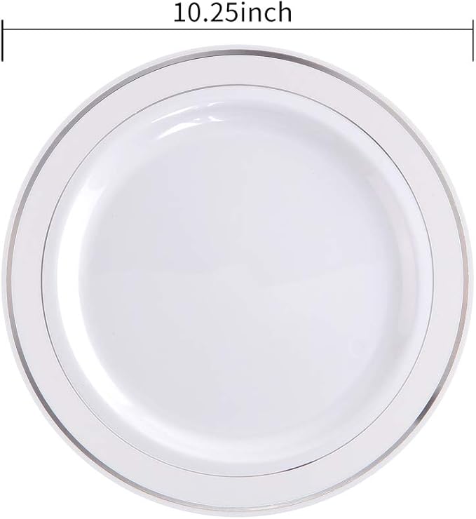 bUCLA 100Pieces Silver Plastic Plates - 10.25inch Silver Rim Disposable Dinner Plates - Ideal for Weddings, Parties & Christmas
