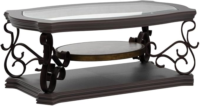 LKTART 2-Tier Brown Vintage Wooden Coffee Table for Living Room Retro Glass Tea Table Top Carved Flower Shaped Table Legs Small Space Apartment Office