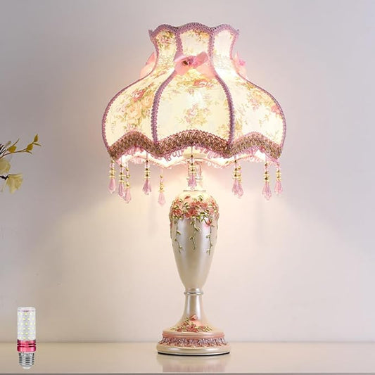 Lovely Table Lamp with Fabric Lampshade, Antique Flower Decorative Bedside Desk Lamp, Handmade Night Light for Bedroom Nightstand