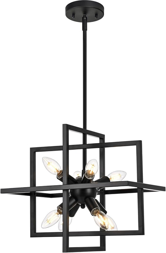 Modern Small Black Chandelier, 8-Light Farmhouse Geometric Pendant Lighting Fixtures, Industrial Lantern Hanging Chandelier for Kitchen, Dining Room, Foyer, Entryway