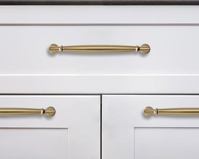 khtumeware 10 Pack 8 Inch(203mm) Brushed Brass Cabinet Pulls Heavy Duty Solid Warm Brass Cabinet Handles Kitchen Brushed Gold Cabinet Hardware for Cupboard Drawer Handles