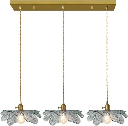 Mid Century Chandelier 3-Light Pendant Lighti Glass Chandelier with Dark Green Shades and Gold Brass, Vintage Chandelier Light for Dining Room Kitchen Island Farmhouse Living Room