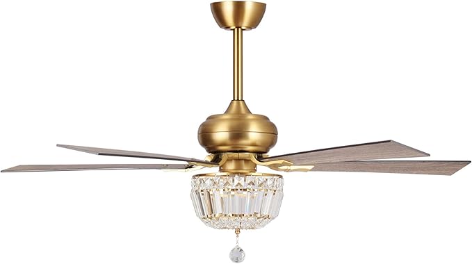 52 Inch Gold Ceiling Fans with Lights and Remote, Modern Crystal Chandelier Ceiling Fan for Bedroom Living Room, Brass Ceiling Fan Light Kit, 3 Speeds, Reversible 5 Blades, Ventilador de Techo con Luz