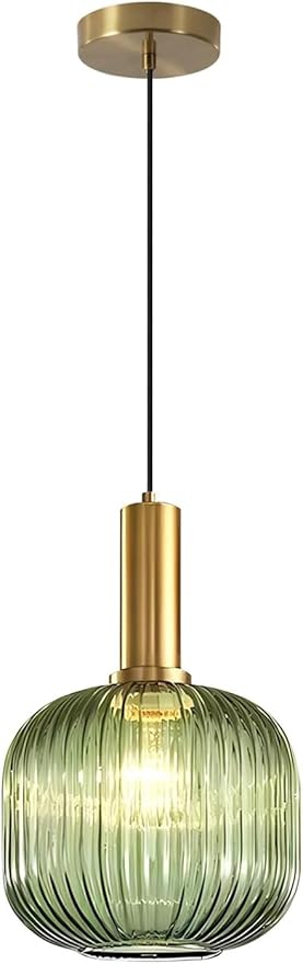 KCO Lighting Vintage Green Glass Pendant Light Kitchen Island Lighting Farmhouse Ribbed Glass Pendant Lighting Large Globe Pendant Light Fixture Brass Gold Single Ceiling Hanging Light