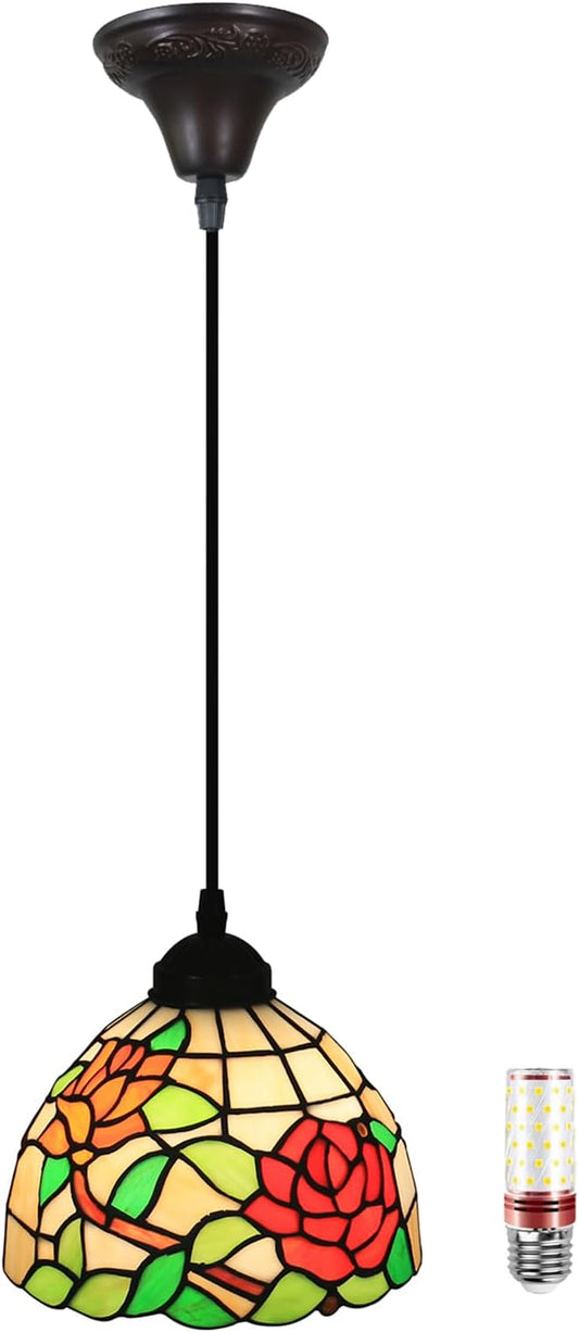 Tiffany Hanging Light 8 Inch Small Pendant Lights Stained Glass Lampshade Vintage Chandelier Light Fixture for Dining Room, Bedroom or Porch