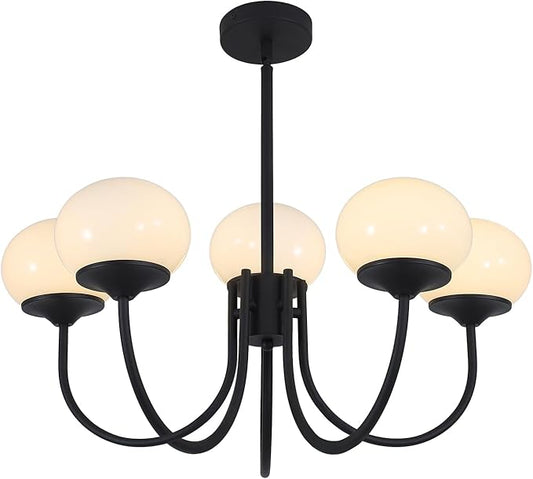 5 Light Black Milk Glass Chandelier Farmhouse Pendant Lights Kitchen Island Frosted White Globe Chandelier Mid Century Modern Dining Room Light Fixtures Over Table