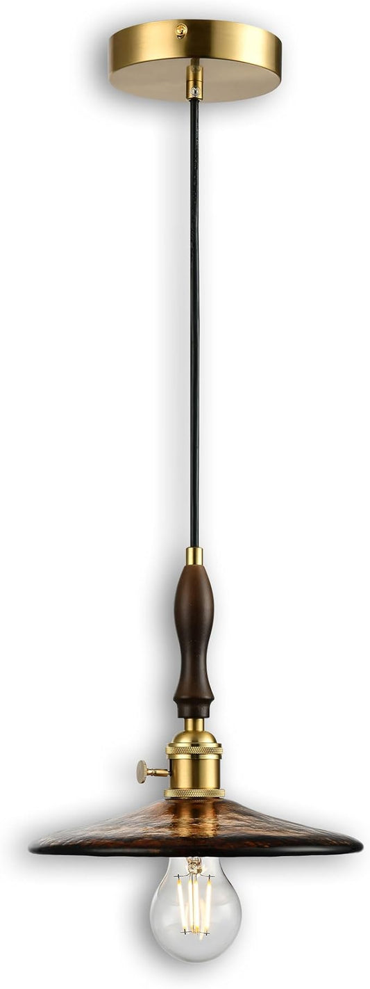 Modern Amber Glass Pendant Light, 9"x7.3" Wide Disc-Shaped Hanging Fixture with Wood & Brass Detail, 15"-72" Adjustable Line, E26 Socket – Golden Amber Disc