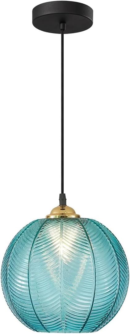 Blue Glass Pendant Lighting Modern Flush Mount Pendant Lights Classic Ribbed Shade 1-Light Handblown Dining Room Light Fixtures Indoor Black Vintage Hanging Lamps for Kitchen Island