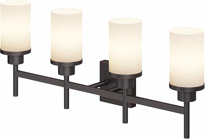 Bathroom Light Fixtures 4-Light Bathrom Vanity Lightings with White Frosted Glass Shade, Oil Rubbed Bronze Wall Lamps Over Mirror T001ORB-L4