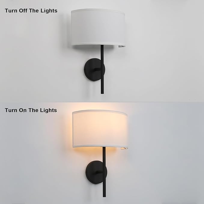 Yosoan Fabric Wall Sconce Indoor Bedside Wall Lamp Fixture, Vintage Industrial Hardwired Brass Boho Semi Circular with White Half Moon Shade for Reading Bedroom Living Room Dinning Room(Black)