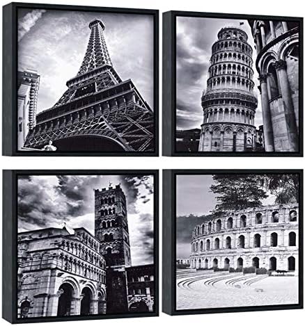 Wieco Art Framed Wall Art Architectures Modern 4 Panels Giclee Canvas Prints Europe Buildings Black and White Landscape Canvas Wall Art Black Picture Frames for Home Office Decorations