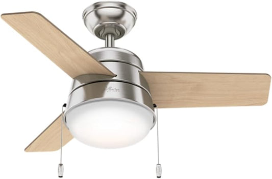 Hunter 36 inch Small Indoor Ceiling Fan with LED Light and Pull Chain - Modern Ceiling Fan, Standard Mount, 3 Blades, For Bedroom, Home Office, or Laundry Room, Quiet - Aker 59303, Brushed Nickel