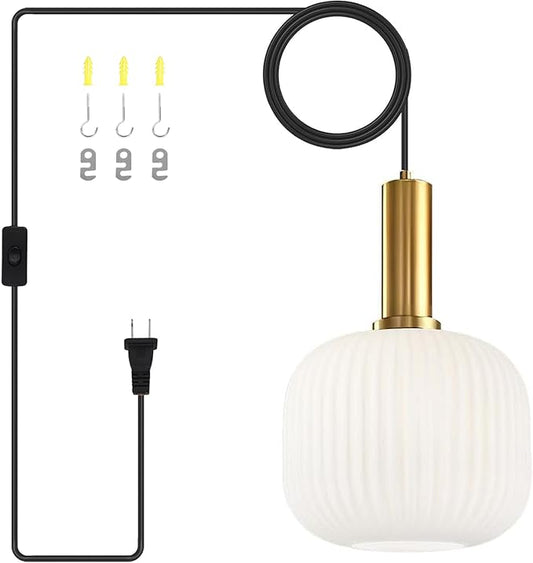 Glass Plug in Pendant Light White Gold Plug in Chandelier Mid Century Modern Hanging Light with Plug in Cord Vintage Hanging Lamps for Bedrooms Living Room Kitchen Island