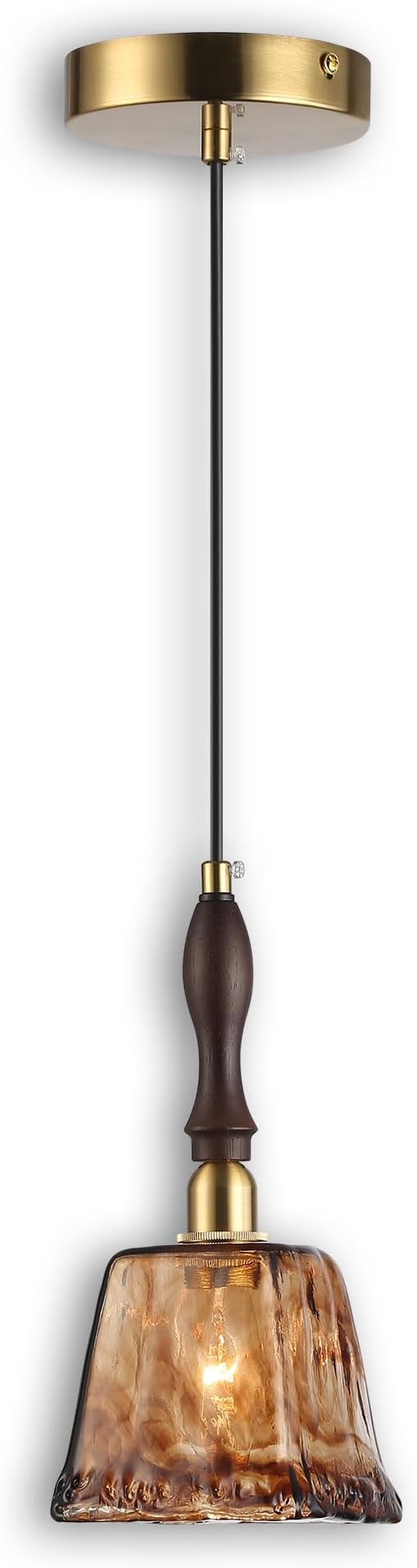 Modern Amber Glass Pendant Light, 4.33"x9.8" Hanging Fixture with Golden Wood Handle & Brass Cap, 15"-72" Adjustable Line, E26 Socket – Golden Amber Square