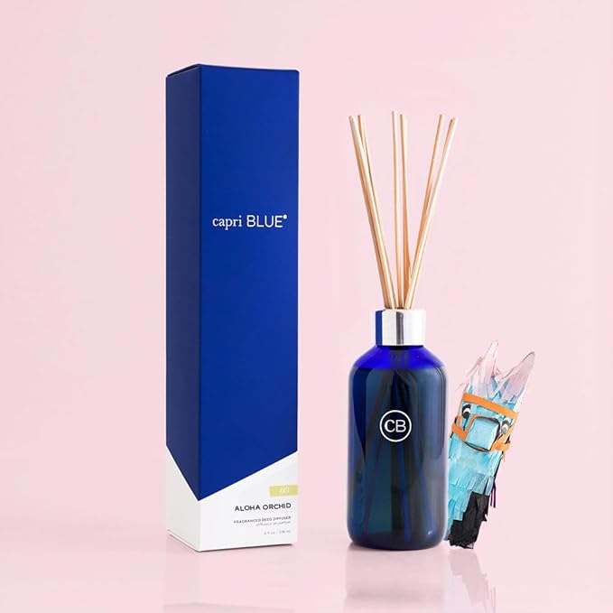 Capri Blue Aloha Orchid Reed Diffuser Set - Includes Reed Diffuser Sticks, Fragrance Oil, and Glass Bottle - Luxury Scented Room Fresheners - Cobalt Blue (8 fl oz)