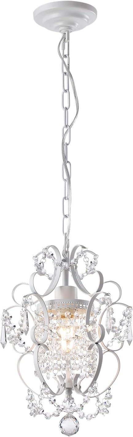 Mini Chandelier(1-Light,11-inch), White Crystal Chandelier Iron Ceiling Light Fixture,Small Crystal Chandeliers for Hallway,Foyer,Girls Room,Dining Room