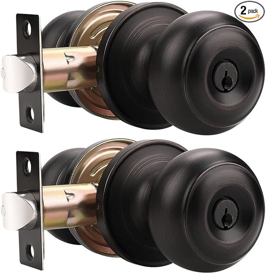 Probrico Oil Rubbed Bronze Door Knobs with Lock and Key, Front Door Locksets with Same Keys, Exterior Door Knobs, Keyed Alike Door Locks, 2 Pack
